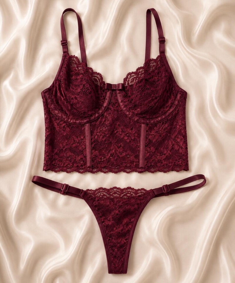 Conjunto Cropped Rendado — Conjuntos de Lingerie — SKU CJ-CROP-RENDA. Cor: Frozen, Lilás, Marinho, Rubro. Tamanho: P, M, G, GG