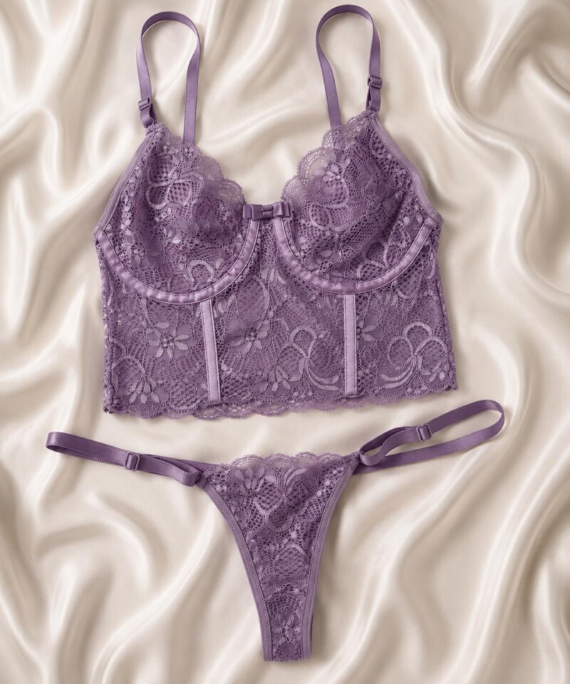 Conjunto Cropped Rendado — Conjuntos de Lingerie — SKU CJ-CROP-RENDA. Cor: Frozen, Lilás, Marinho, Rubro. Tamanho: P, M, G, GG
