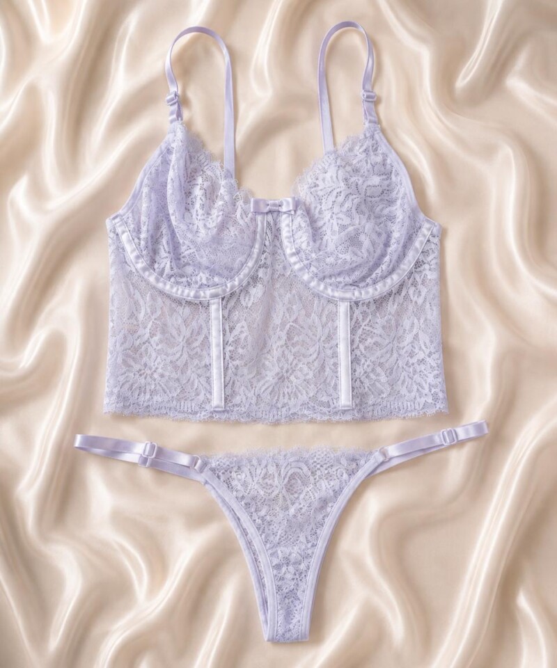 Conjunto Cropped Rendado — Conjuntos de Lingerie — SKU CJ-CROP-RENDA. Cor: Frozen, Lilás, Marinho, Rubro. Tamanho: P, M, G, GG