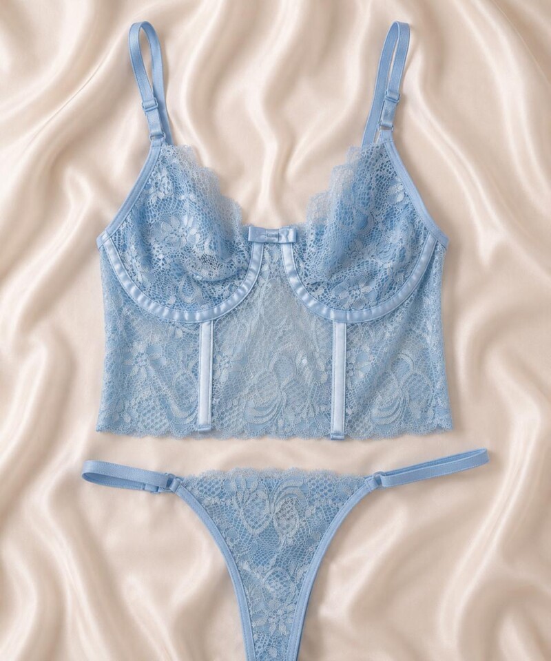Conjunto Cropped Rendado — Conjuntos de Lingerie — SKU CJ-CROP-RENDA. Cor: Frozen, Lilás, Marinho, Rubro. Tamanho: P, M, G, GG