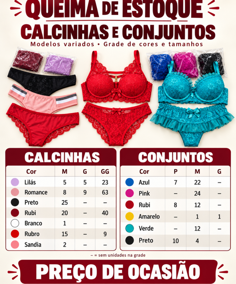 Lote de Calcinhas e Conjuntos para Revenda – Queima de Estoque — Kits de Lingerie — SKU lote-1